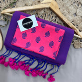 Purple Handloom Khadi Cotton Saree With Pink Mango Print Blouse